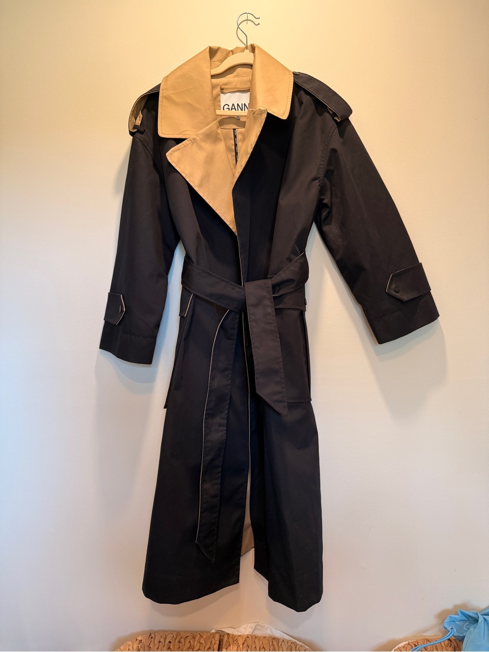 Ganni Black Trench Coat with Beige Collar